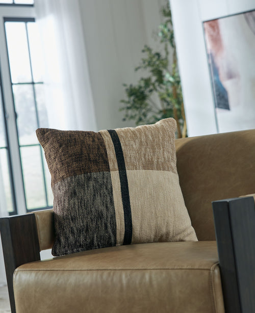 Square throw pillow, dark brown and beige patchwork with vertical teal stripe