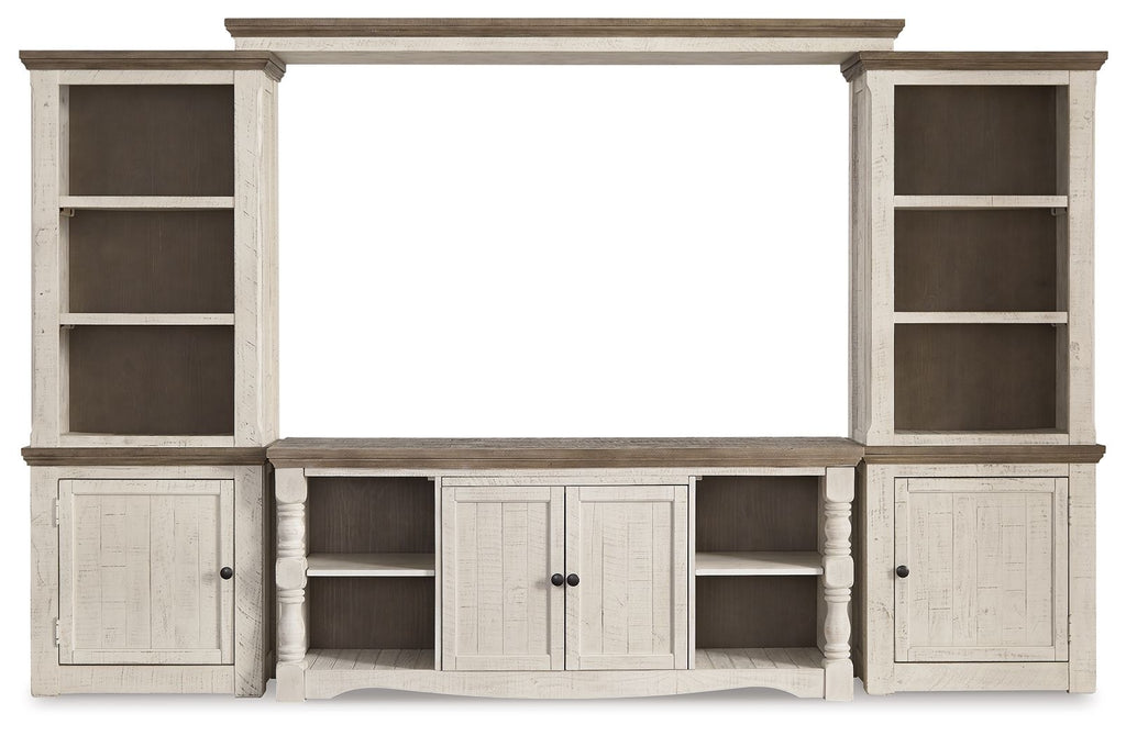 Entertainment center TV stand with side cabinets and central open shelves, whitewashed wood