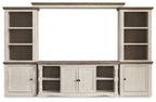 Entertainment center TV stand with side cabinets and central open shelves, whitewashed wood