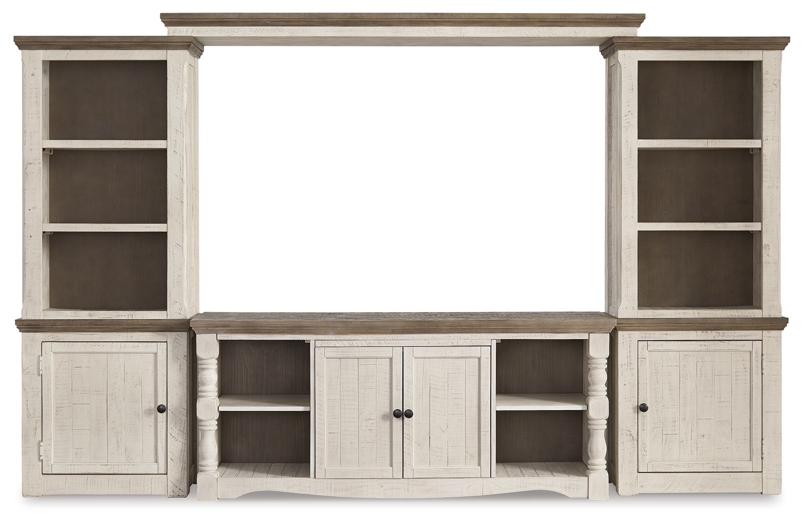 Entertainment center TV stand with side cabinets and central open shelves, whitewashed wood