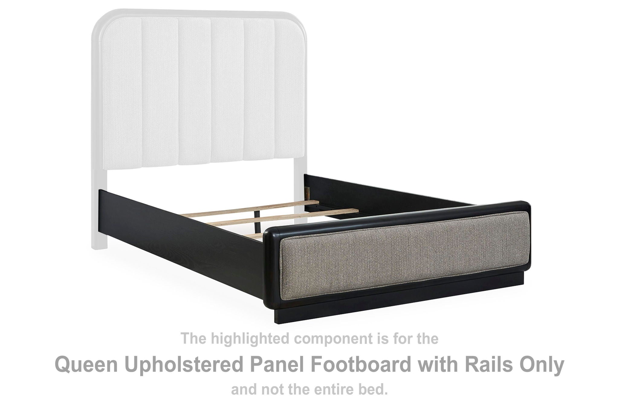 Queen upholstered panel footboard with rails, gray fabric and black frame