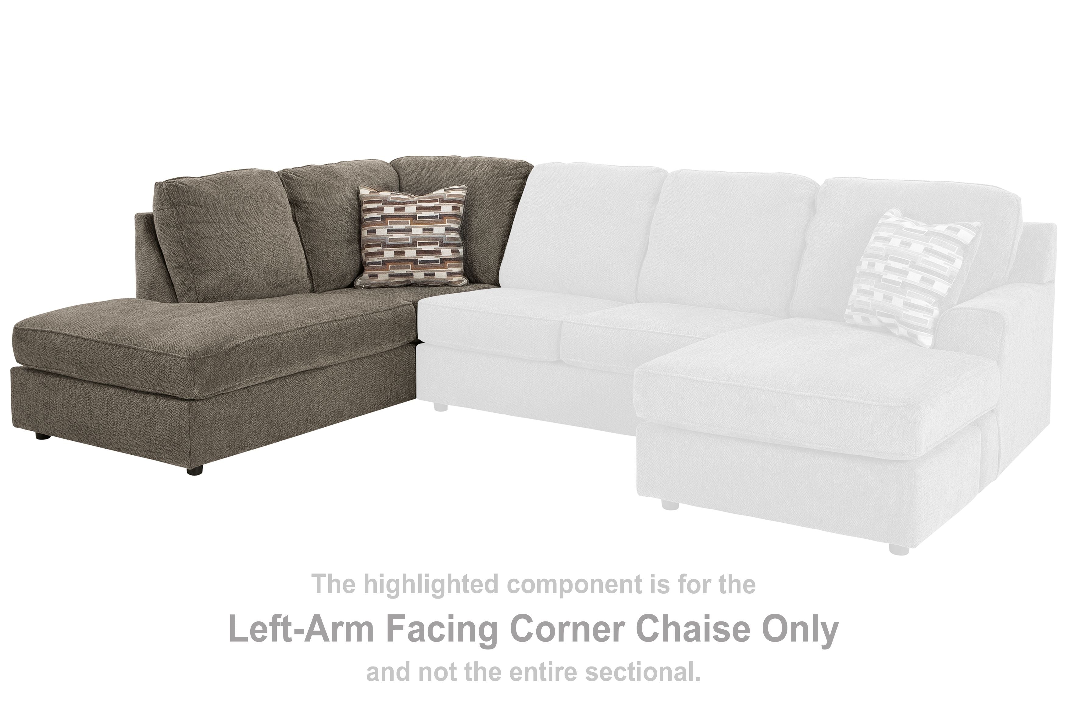 Gray left-arm corner chaise component with patterned pillow and wide back cushions