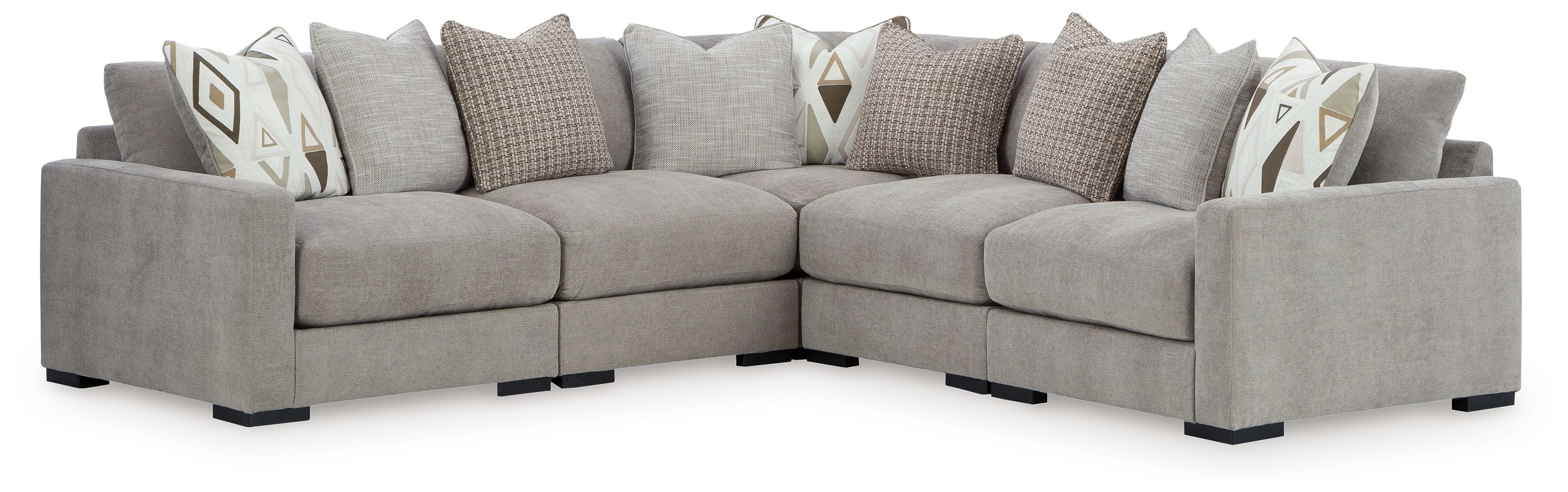 Pebble gray corner sectional sofa with chaise, back pillows, and geometric accents