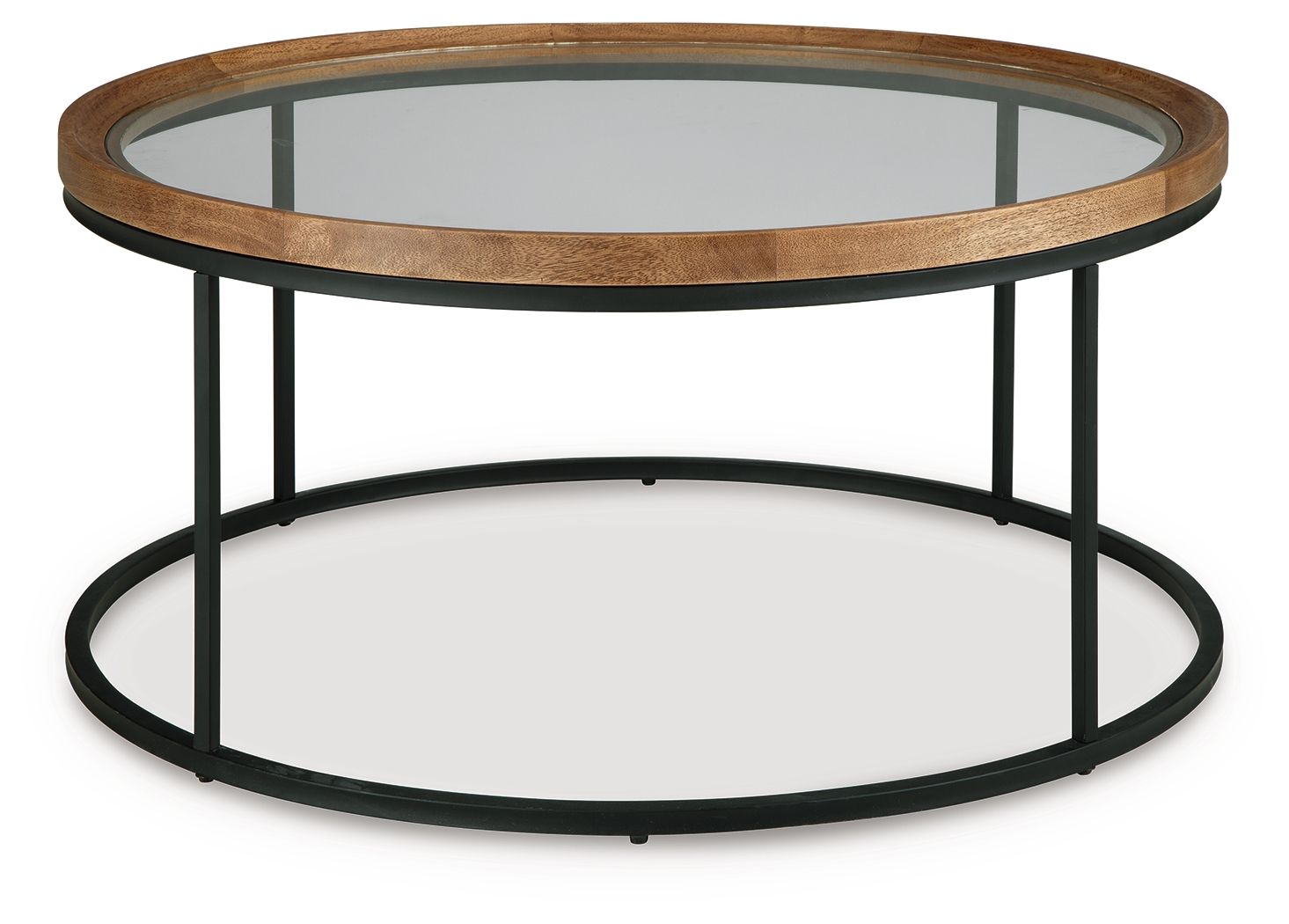 Round side table with clear glass top, light brown wood rim, black metal support frame, lower shelf