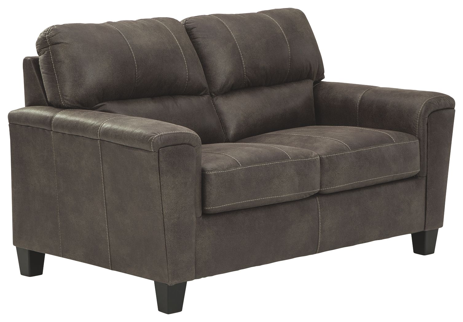 Smoke gray loveseat with padded arms and tufted backrest, square arms and tapered legs