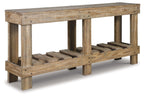 Light brown console sofa table with open lower shelf and chunky square legs.