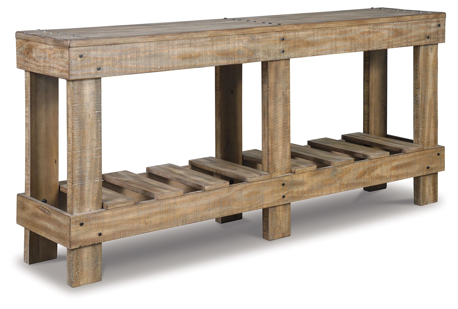 Light brown console sofa table with open lower shelf and chunky square legs.