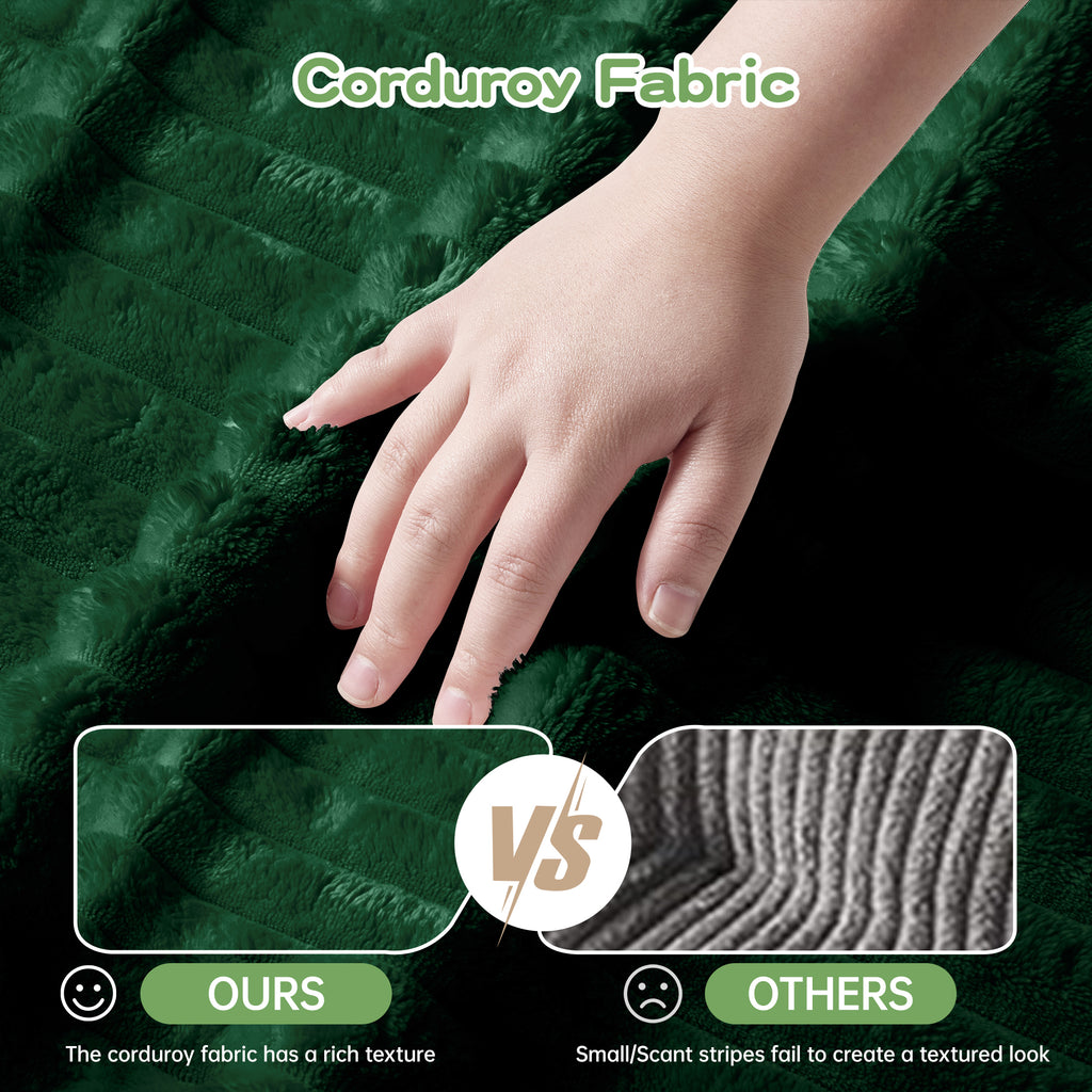 Green corduroy fabric texture with hand pressing into sofa upholstery surface