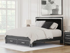 Charcoal upholstered platform bed with storage drawers and tall upholstered panel headboard