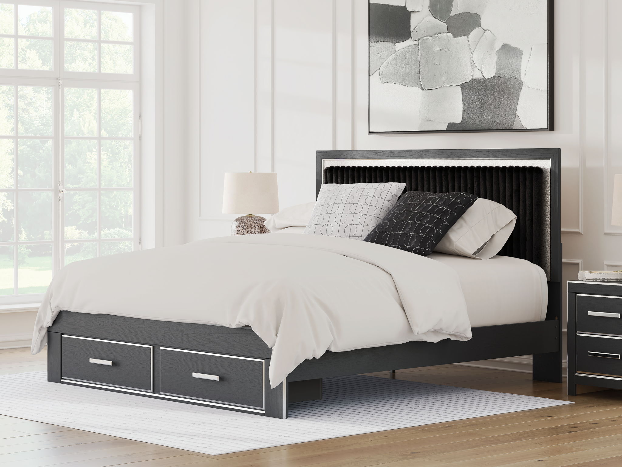 Charcoal upholstered platform bed with storage drawers and tall upholstered panel headboard