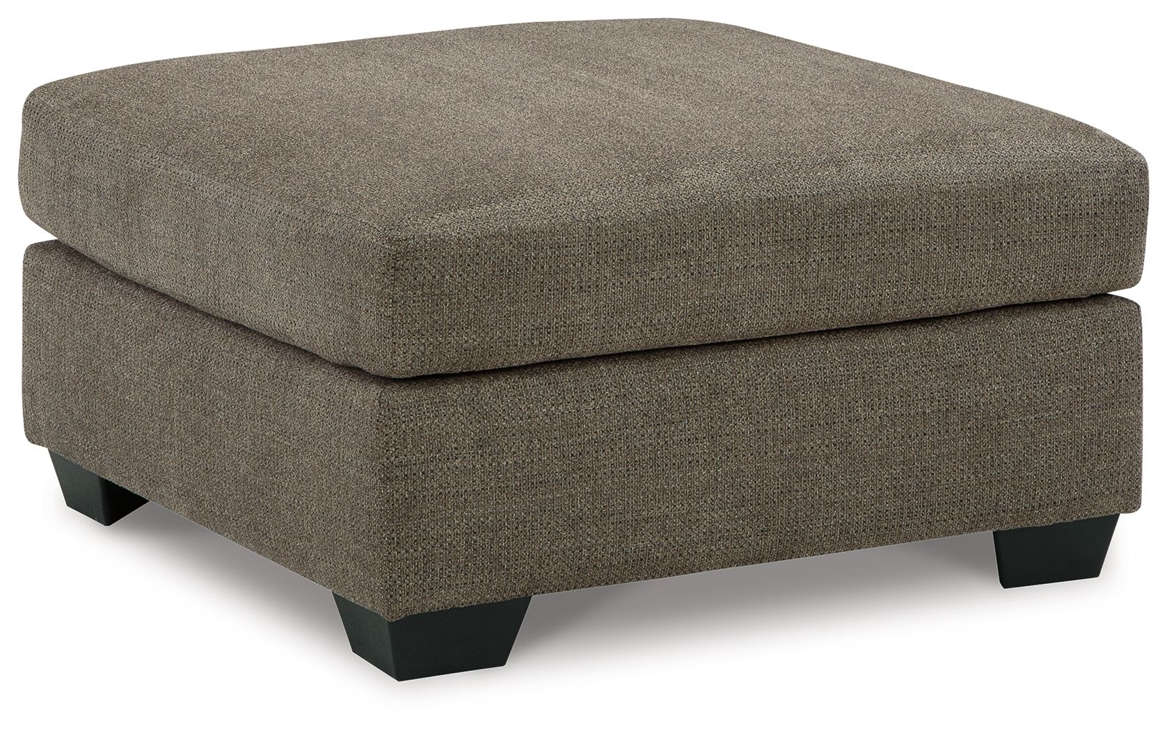 Oversized ottoman with dark brown fabric, thick cushioned top and squared black legs.
