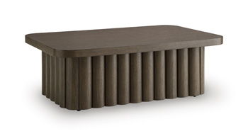 Dark brown rectangular table with vertical ribbed sides and flat tabletop
