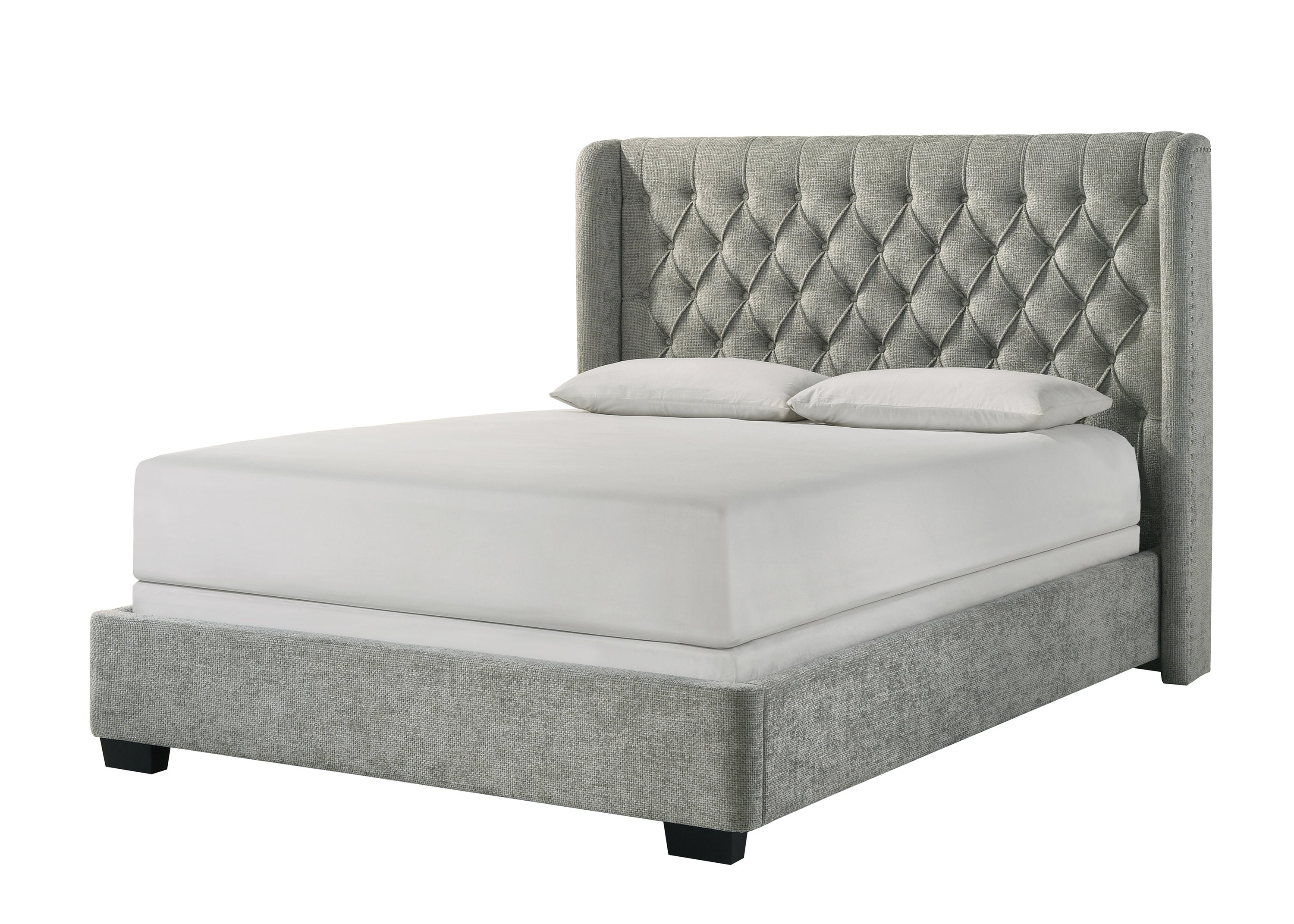 Contemporary Gray Upholstered Bed Frame with Tufted Winged Headboard