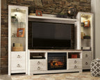 Whitewash entertainment center TV stand with faux fireplace insert, drawers, and open shelves