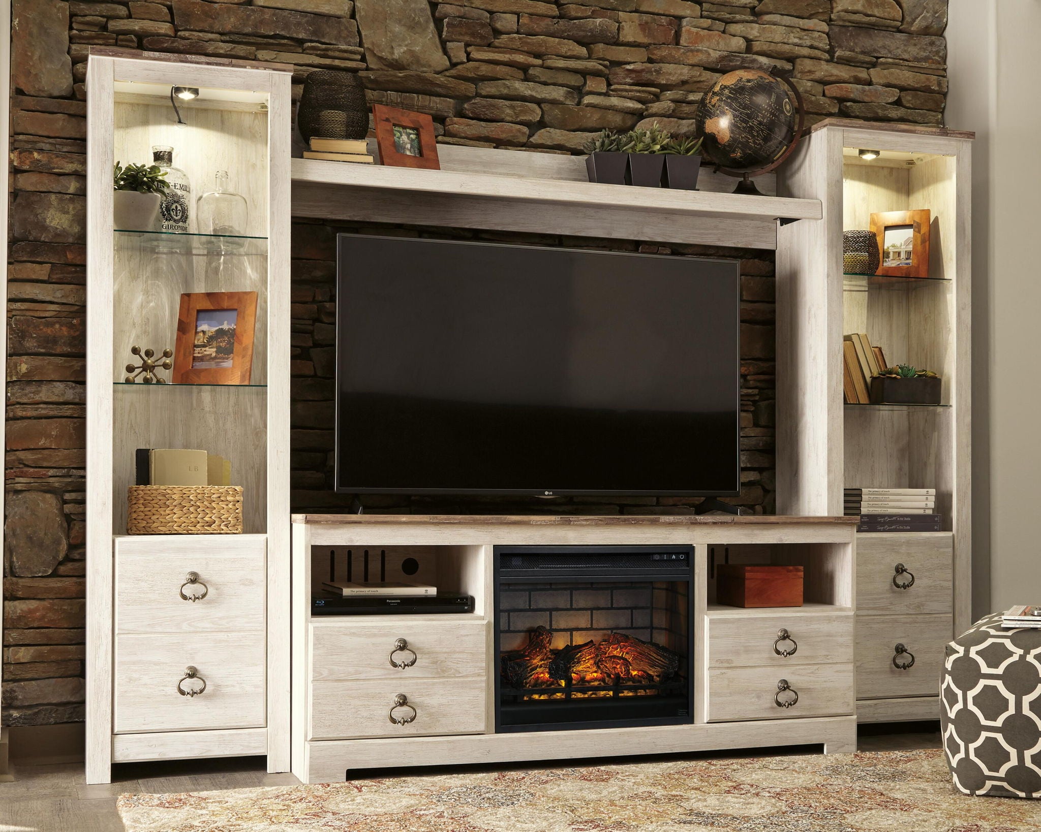 Whitewash entertainment center TV stand with faux fireplace insert, drawers, and open shelves