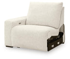 Beige power recliner chair with side control and exposed reclining mechanism