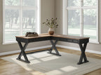 L-shaped home office desk with brown wood surfaces, black legs, and drawer storage