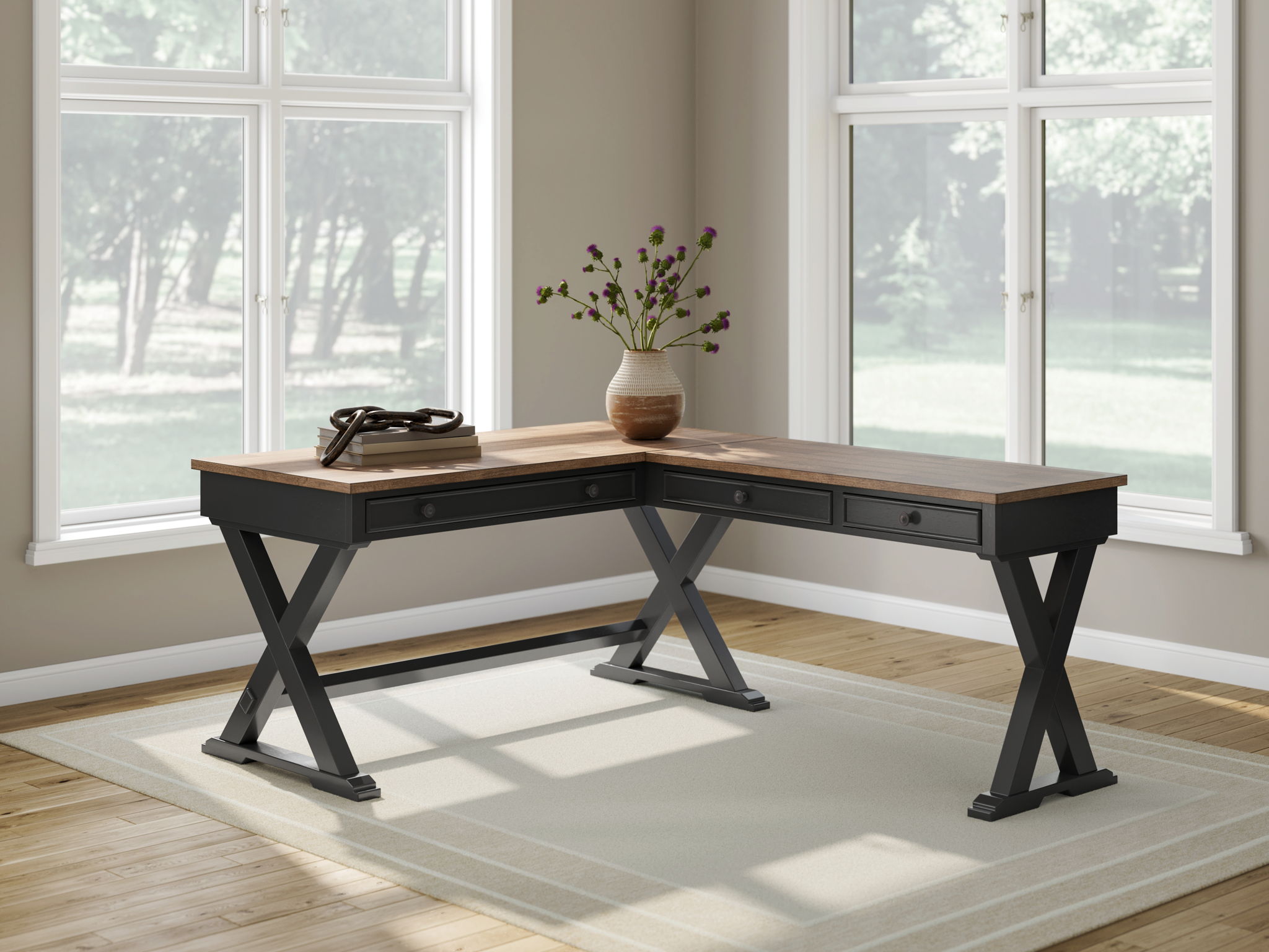 L-shaped home office desk with brown wood surfaces, black legs, and drawer storage