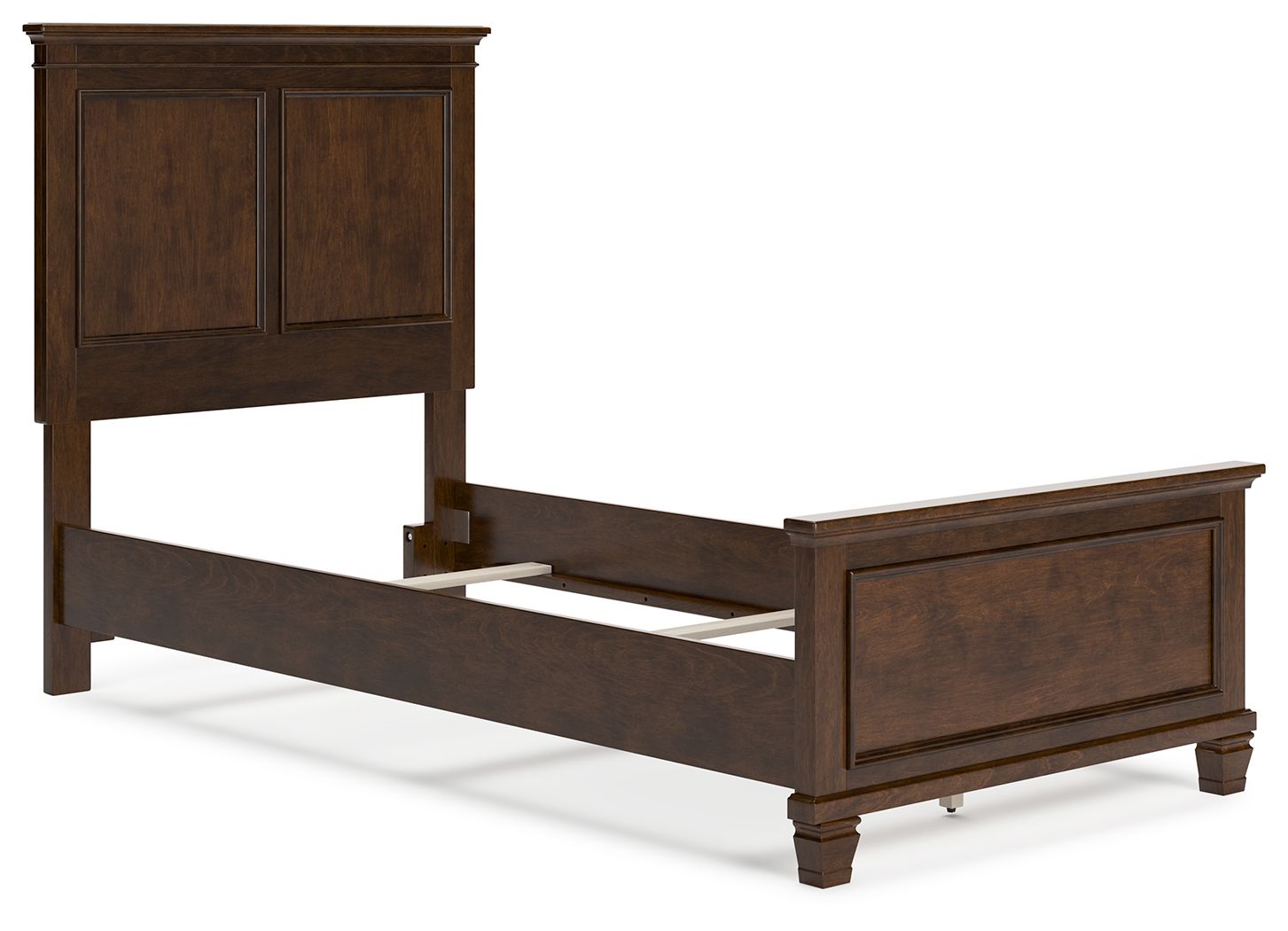 Dark brown panel bed frame with open under-bed storage and front drawer