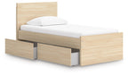 Light brown wood platform bed with panel frame and side storage drawers; gray legs visible.