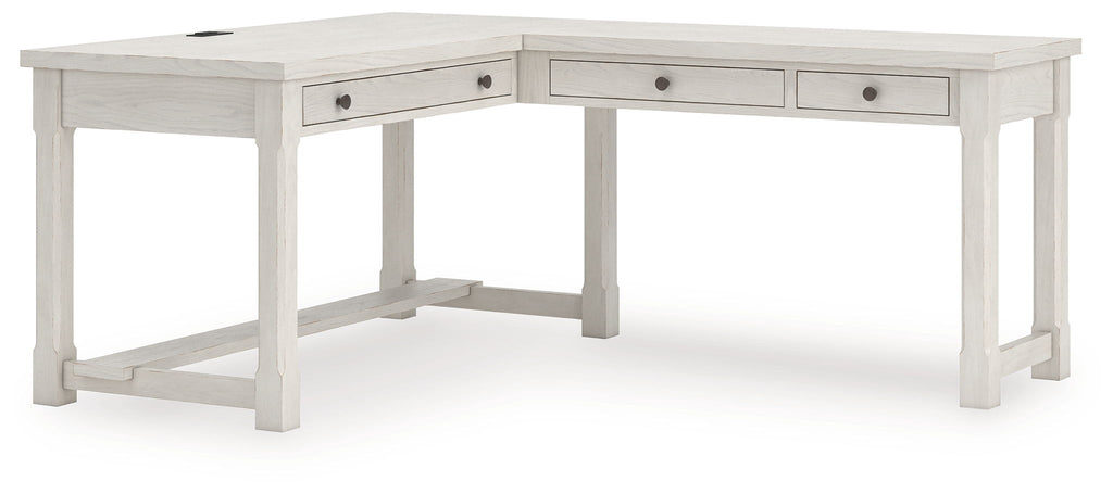 White home office desk with four drawers and lower shelf for storage