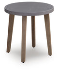 Round end table with gray tabletop and natural wood tapered legs