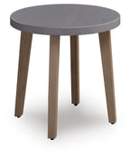 Round end table with gray tabletop and natural wood tapered legs