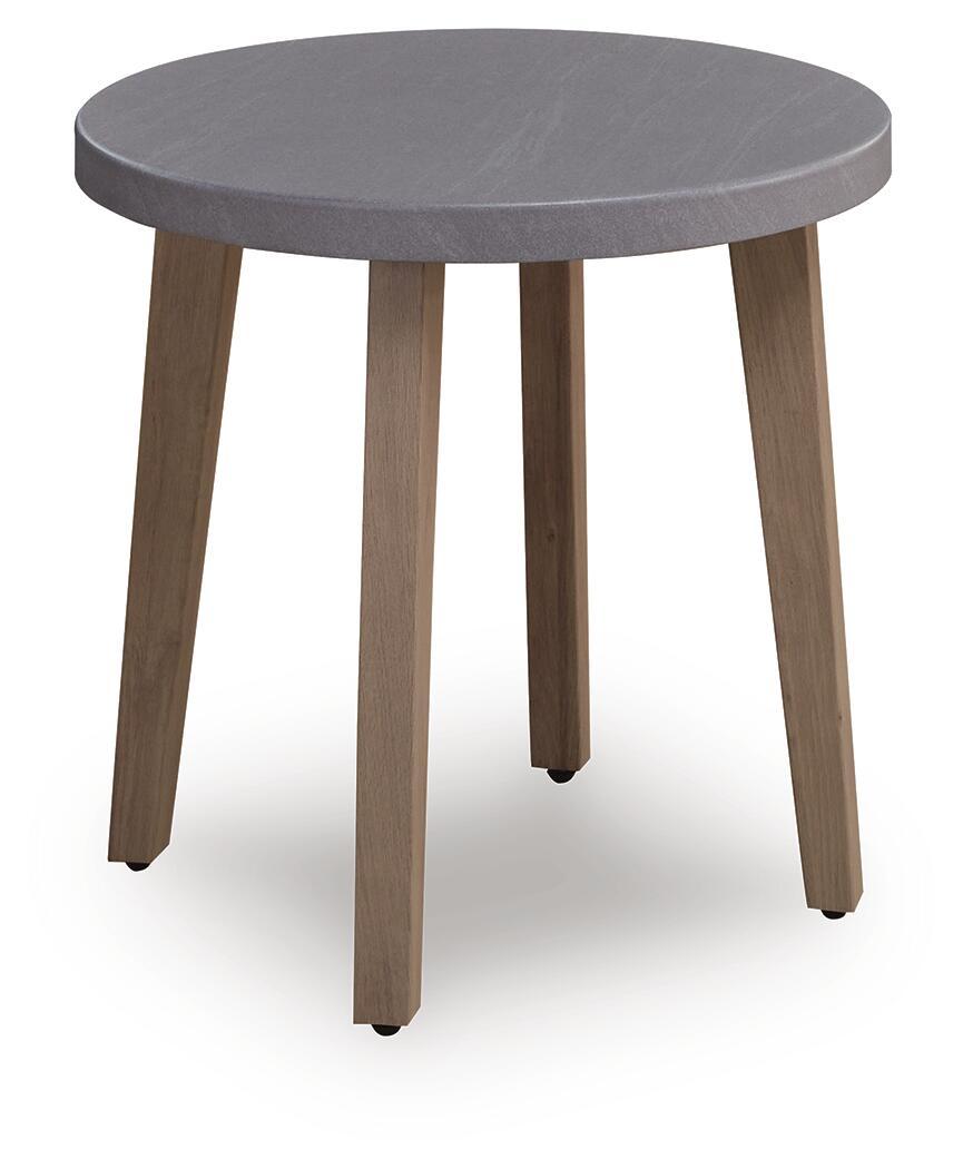 Round end table with gray tabletop and natural wood tapered legs