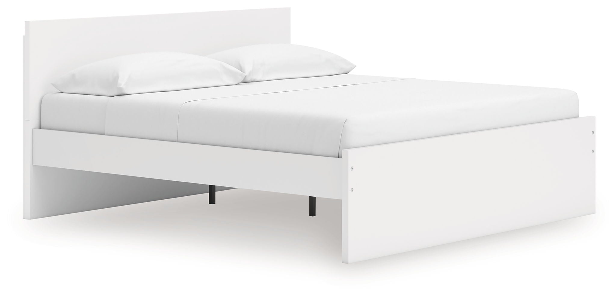 White panel platform bed with slatted base and two open side openings
