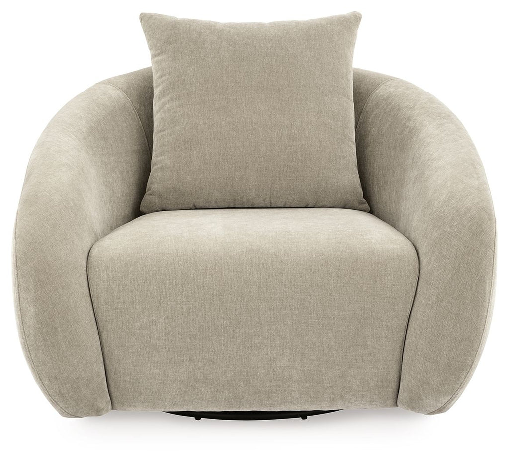 Light gray swivel accent chair with tall backrest cushion and rounded arms, upholstered.