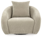 Light gray swivel accent chair with tall backrest cushion and rounded arms, upholstered.