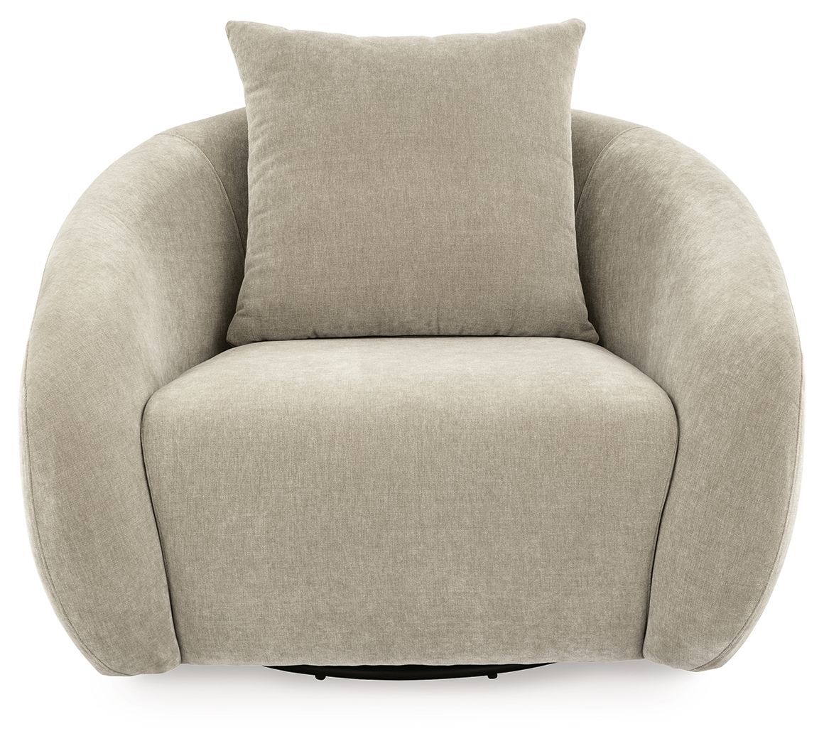 Light gray swivel accent chair with tall backrest cushion and rounded arms, upholstered.
