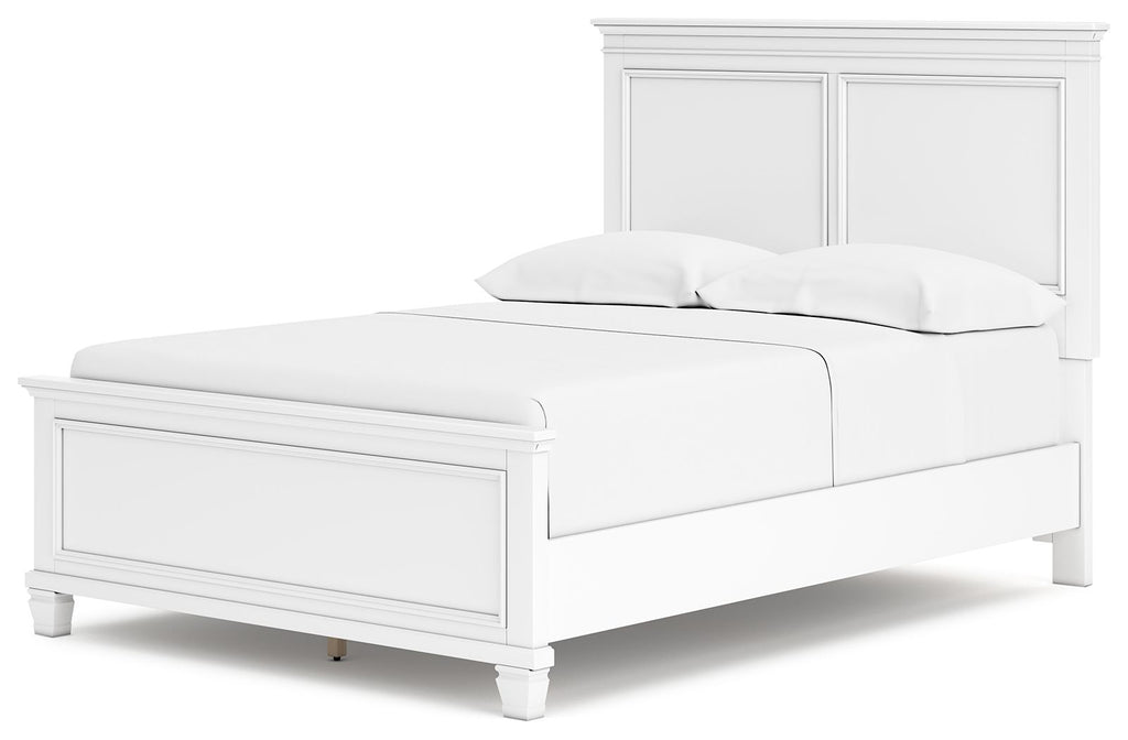 White panel bed with paneled headboard and one side view, two cushions on top.