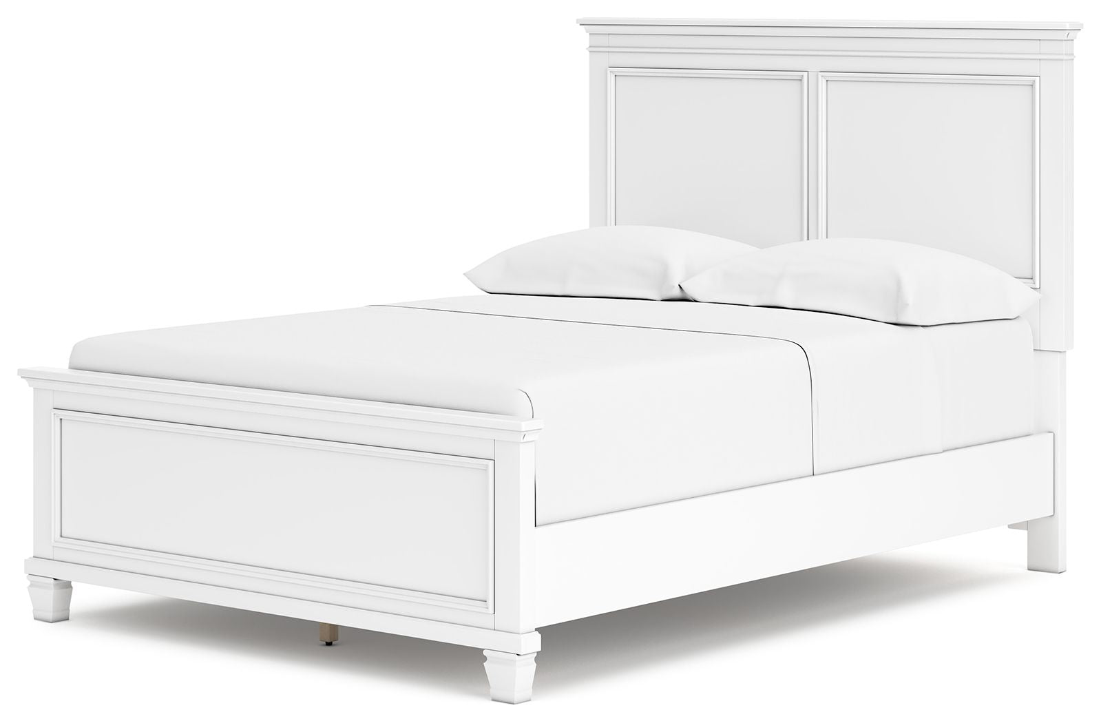 White panel bed with paneled headboard and one side view, two cushions on top.