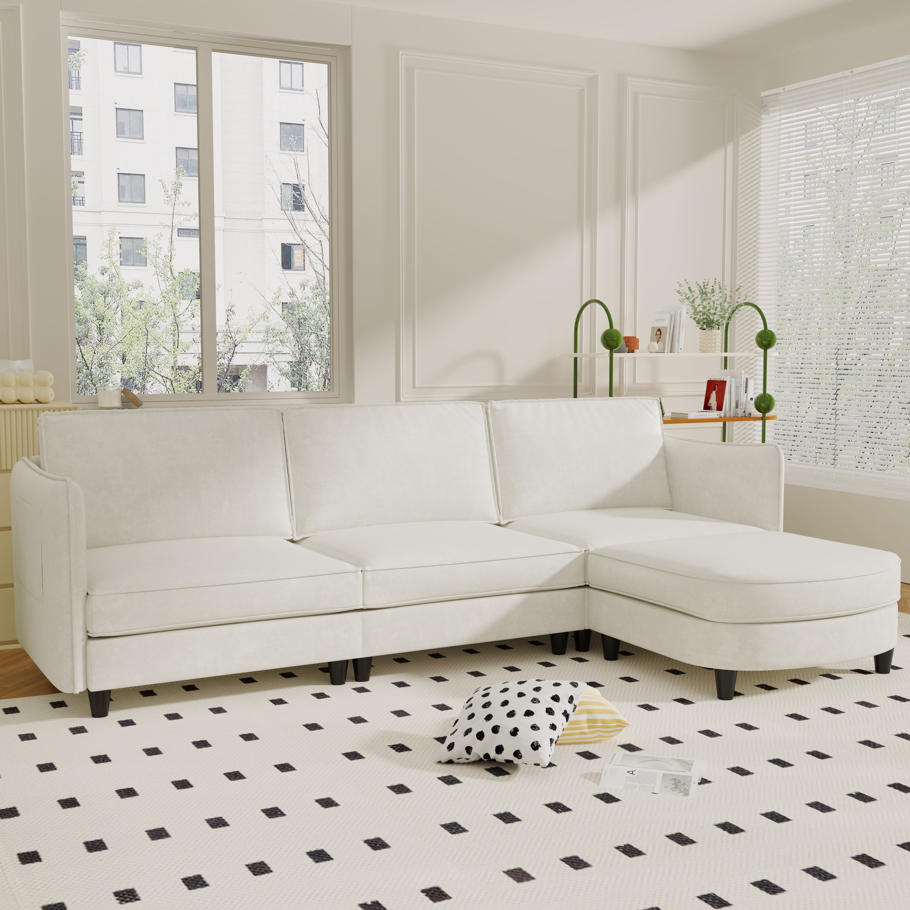 Modern L-Shaped Fabric Sofa Couch 3-Seater Ottoman