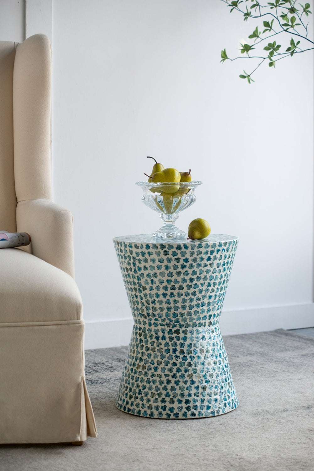 Blue Capiz Side Table - D14x20" Tapered Round Garden Stool