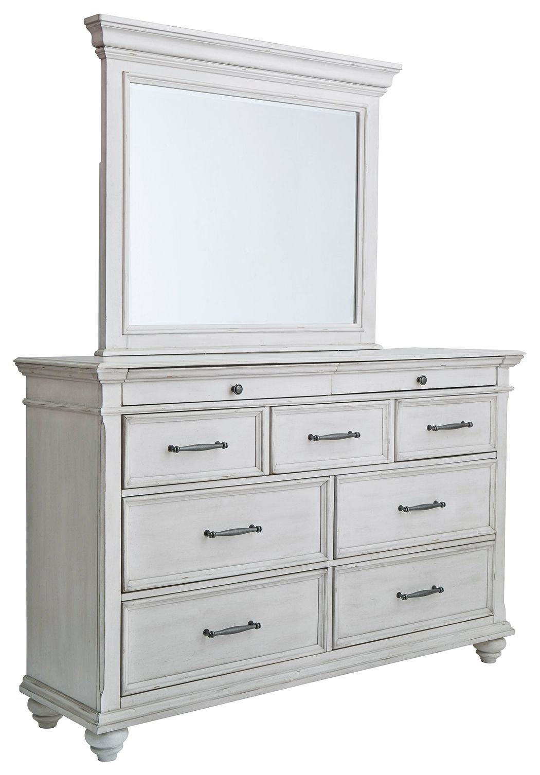 White dresser with rectangular mirror, multiple drawers, metal bar pulls