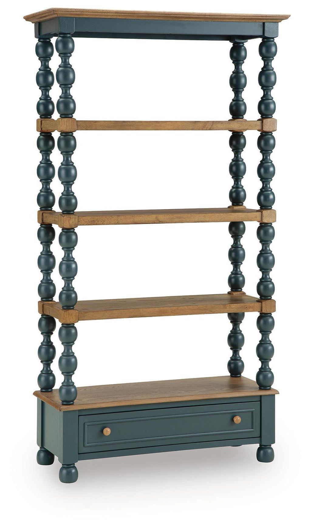 Blue bookcase with brown shelves, turned posts, and a drawer cabinet at the base.