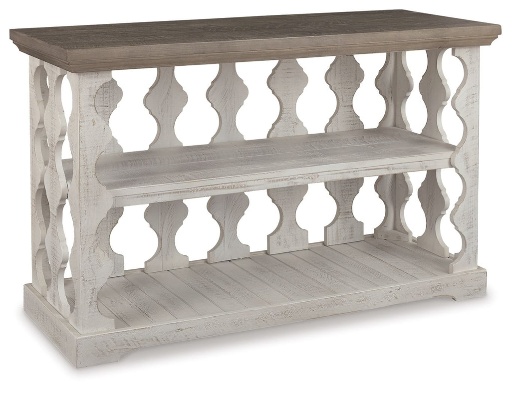 Gray console sofa table with white carved panels and two open shelves