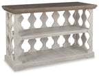 Gray console sofa table with white carved panels and two open shelves