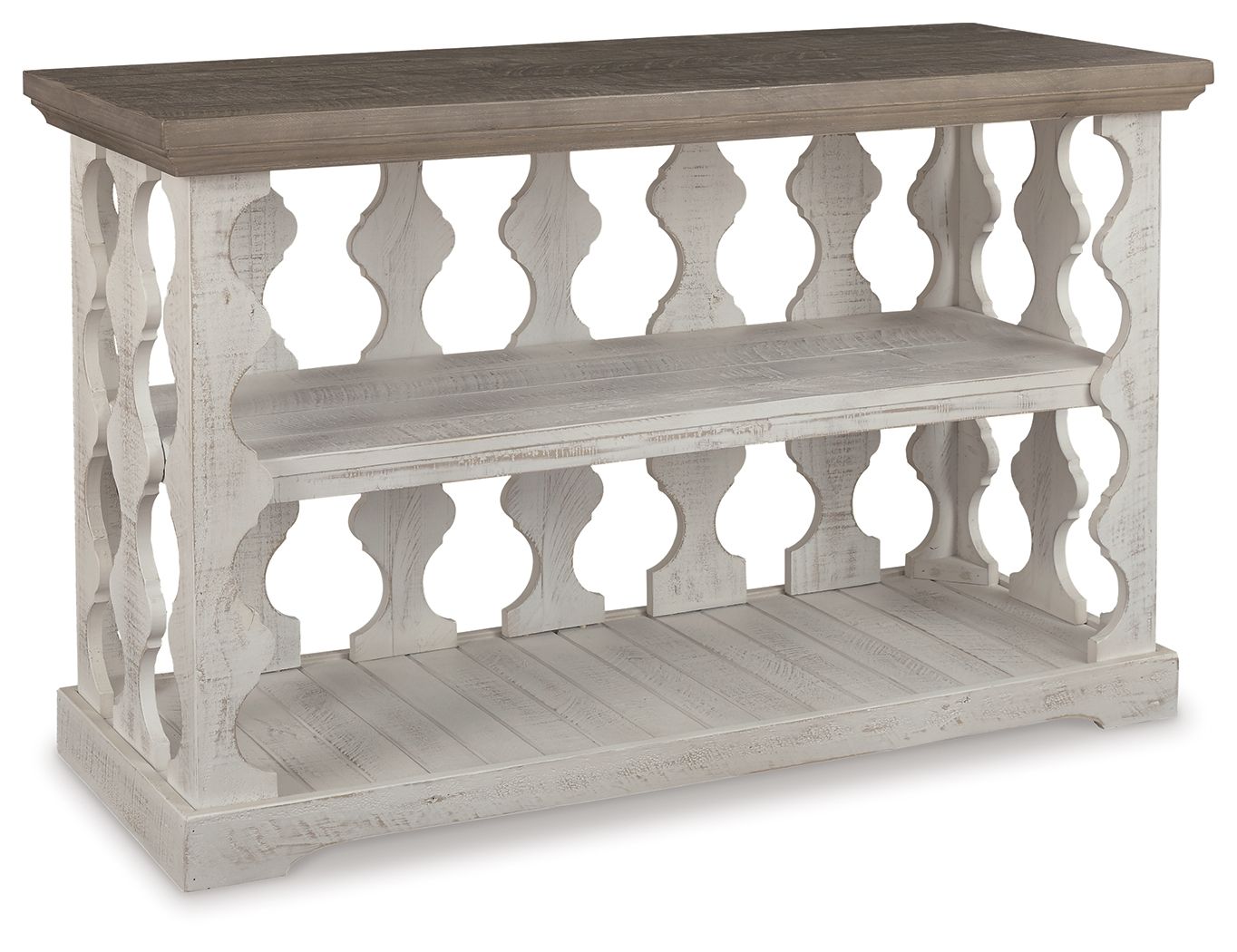 Gray console sofa table with white carved panels and two open shelves