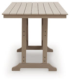 Rectangular counter-height dining table, medium brown wood, slat-style tabletop and straight legs.