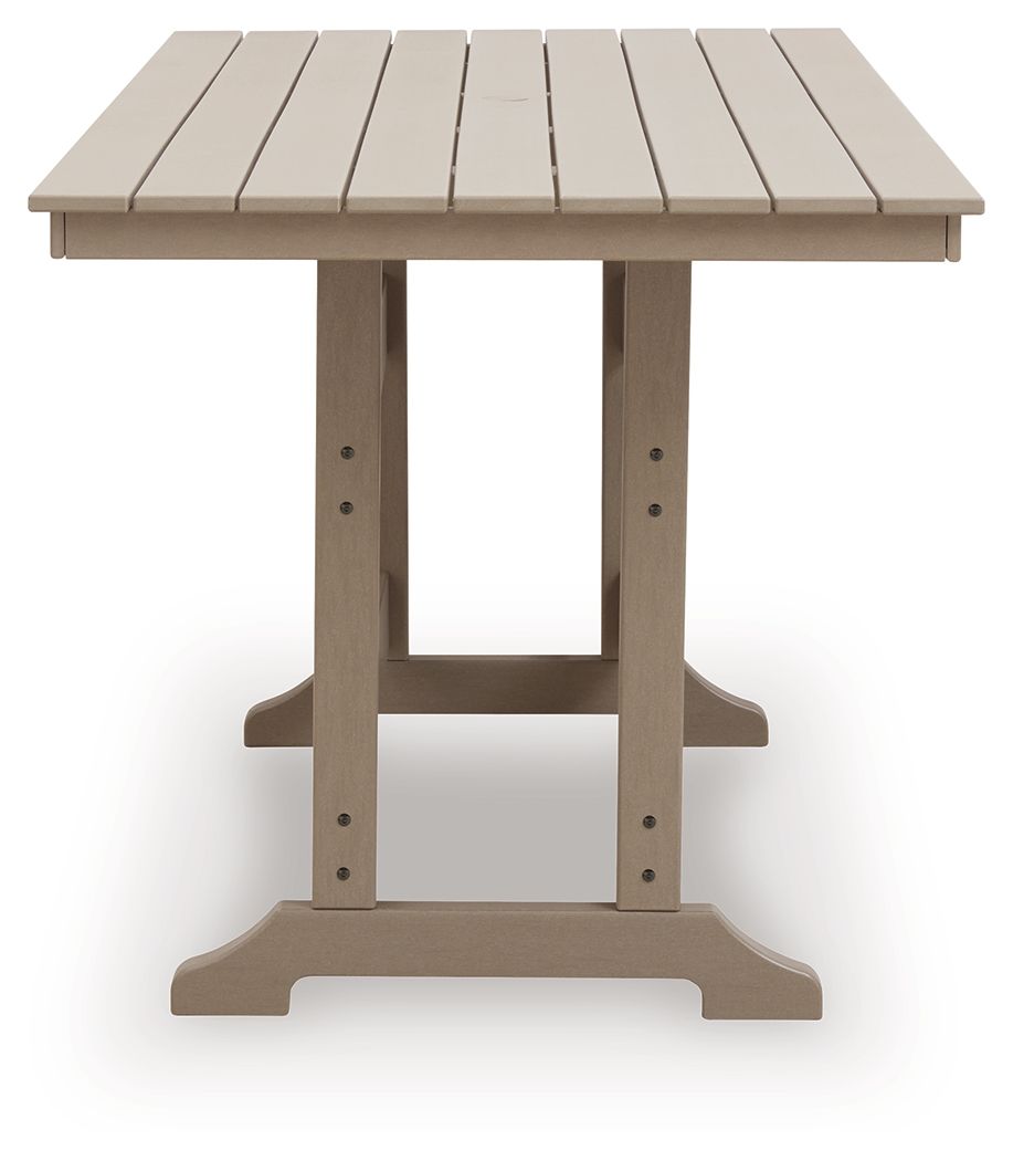 Rectangular counter-height dining table, medium brown wood, slat-style tabletop and straight legs.