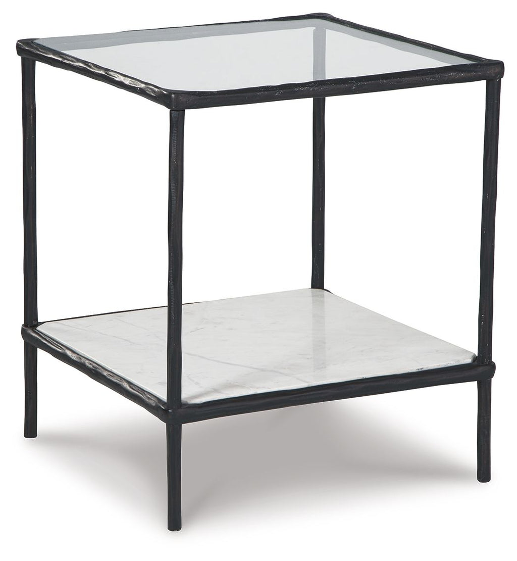 Accent table with two-tier white shelves and black metal frame