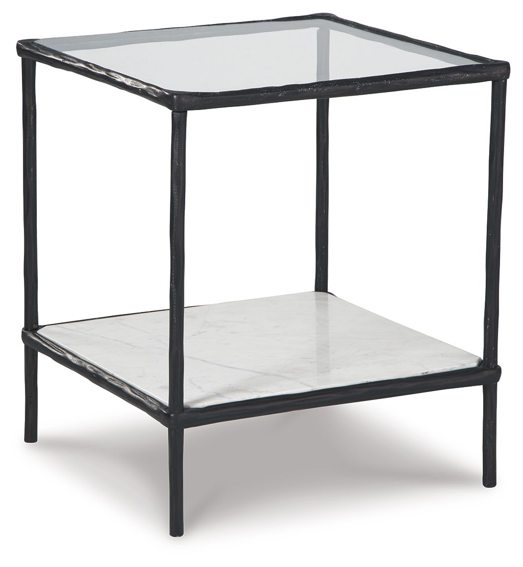 Accent table with two-tier white shelves and black metal frame