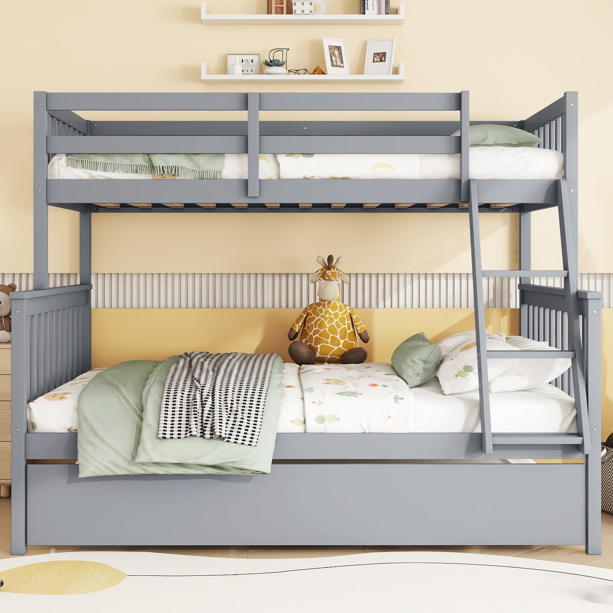 Twin Over Full Rubber Wood Bunk Bed w/ Trundle - Grey, Convertible