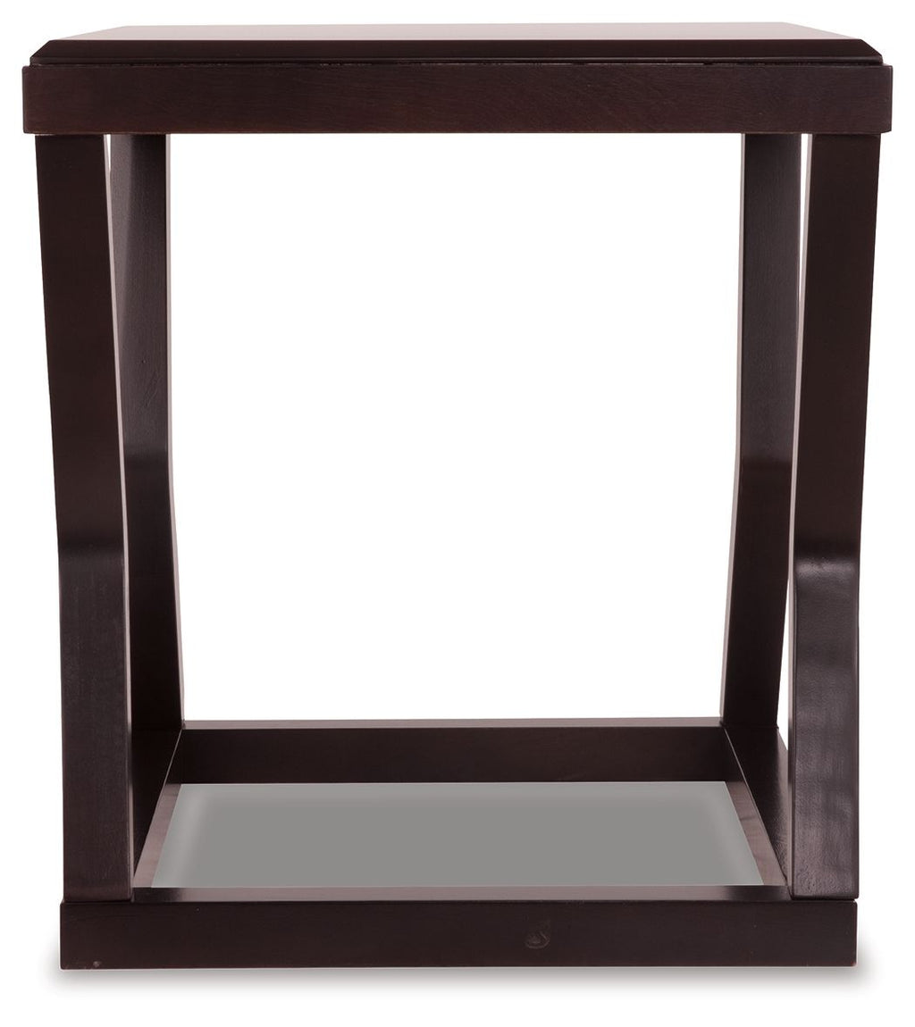 Espresso rectangular end table with dark wood top, open sides, lower shelf