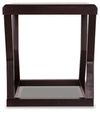 Espresso rectangular end table with dark wood top, open sides, lower shelf