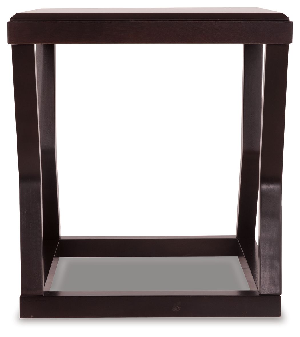 Espresso rectangular end table with dark wood top, open sides, lower shelf