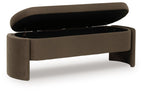 Brown upholstered storage bench with open hinged lid and dark interior storage
